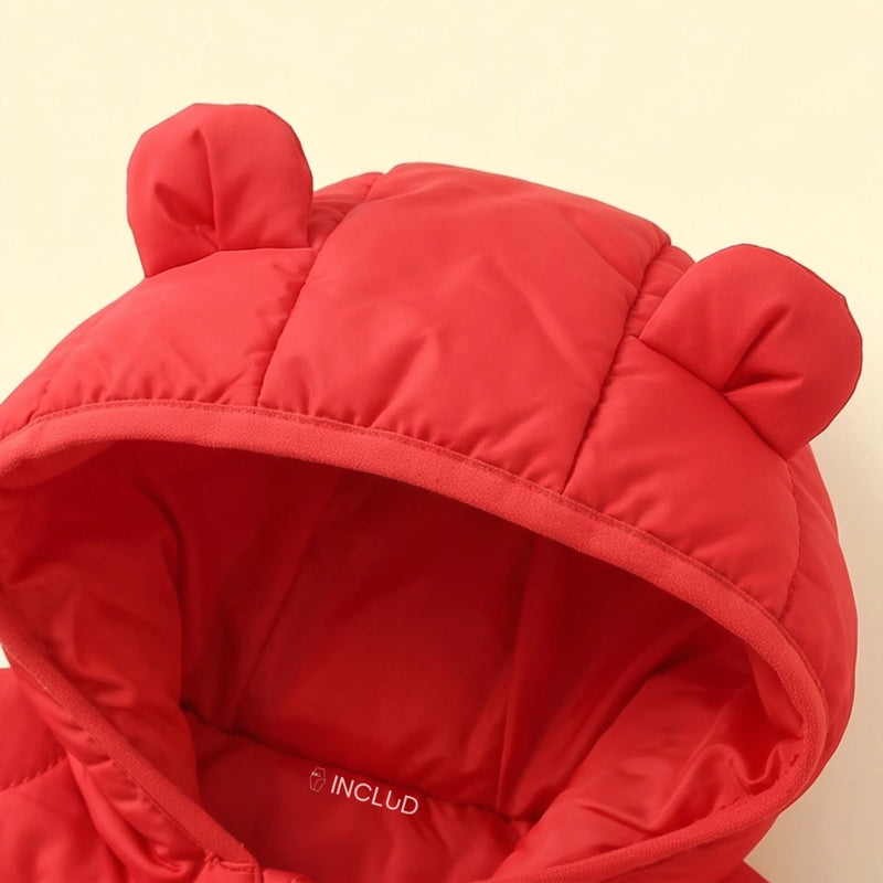 Girls Red Bear Ear On Hood Quilted Zip-up Jacket Coats & Jackets