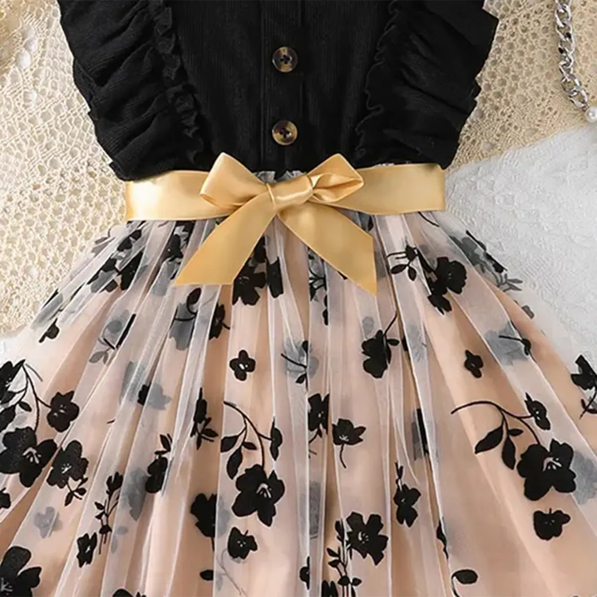 Girls Black Floral Pattern Tulle-overlay Fit & Flare Dress Casual Dresses