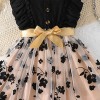 Girls Black Floral Pattern Tulle-overlay Fit & Flare Dress Casual Dresses
