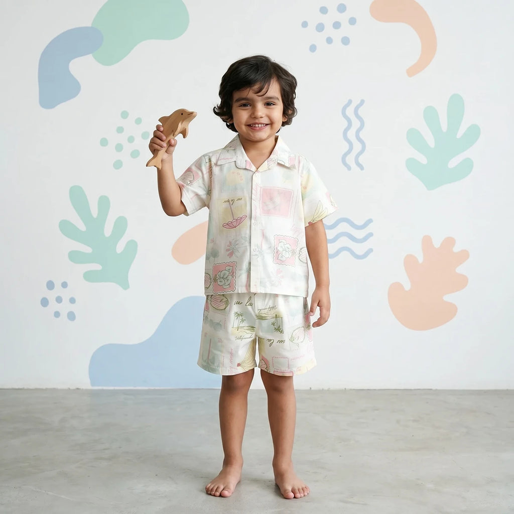 Boys Off White Tropical Printed Short Sleeves Shirt With Printed Shorts Sets Sets Off White 6-9 M