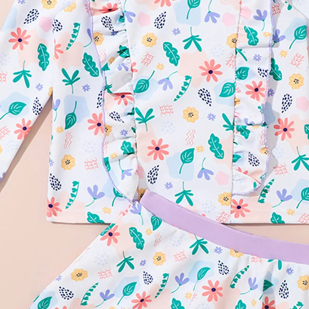 Girls Off White Floral Print Top With Skorts Swimwear Sets Beachwear