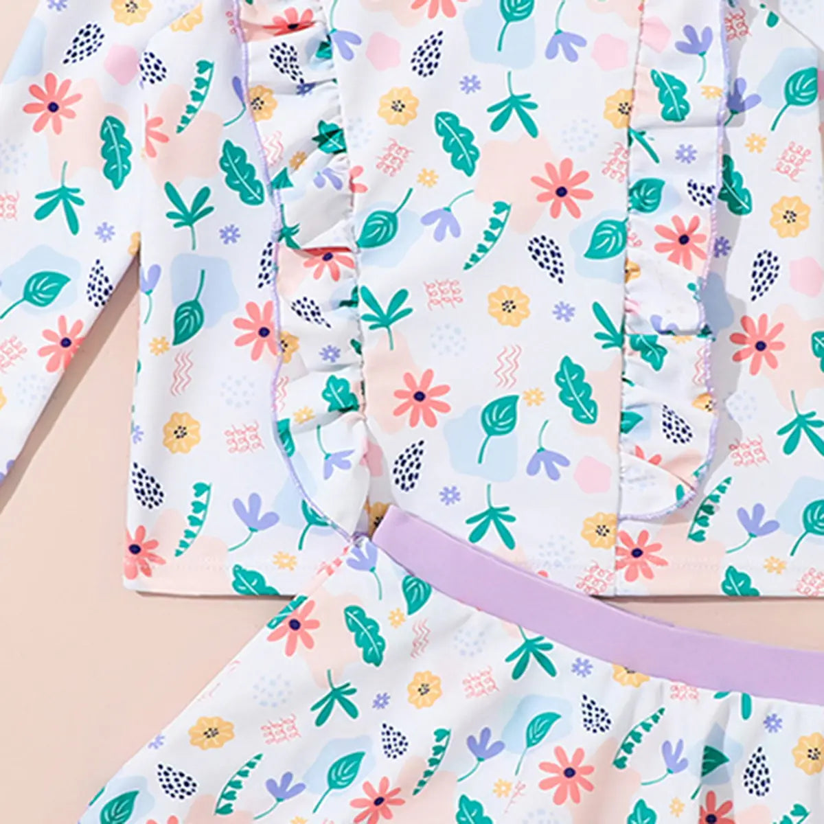 Girls Off White Floral Print Top With Skorts Swimwear Sets Beachwear
