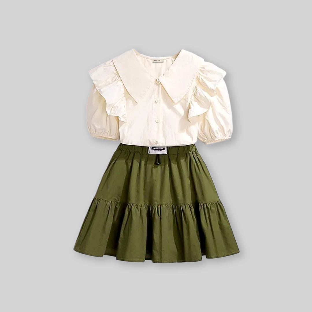 Girls Ruffle Shirt With Flared Skirt Set Sets   
