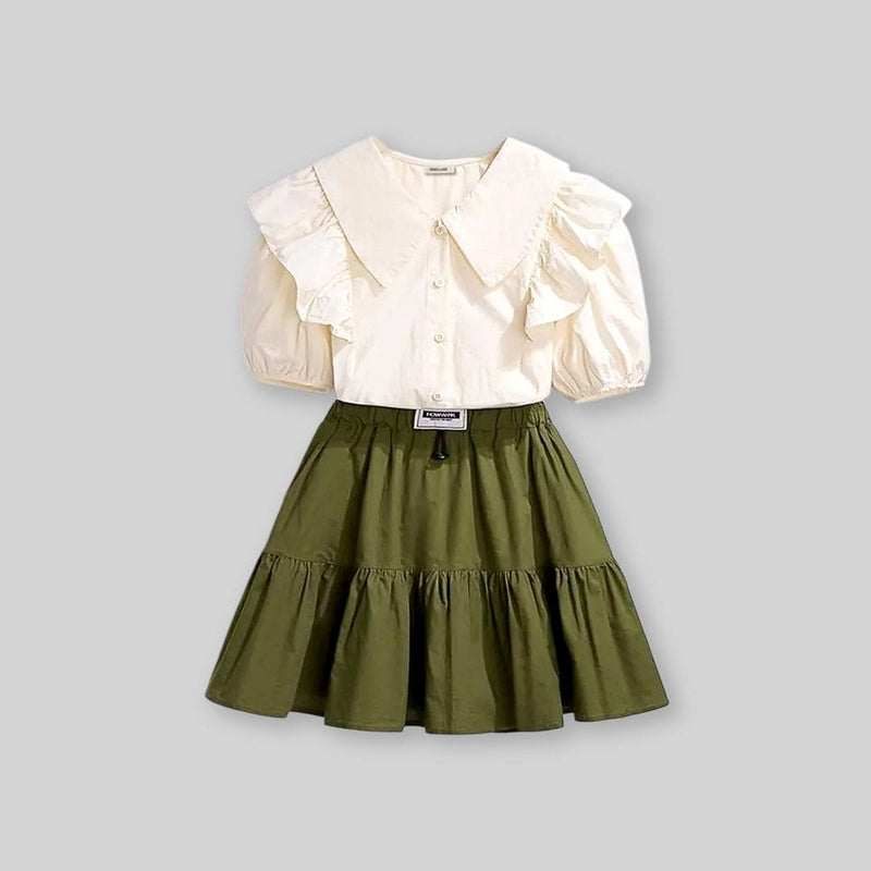 Girls Ruffle Shirt With Flared Skirt Set Sets   