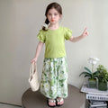 Girls Light Green Ruffled Sleeve Top with White Floral Pants Set Sets Light Green 1-2 Y