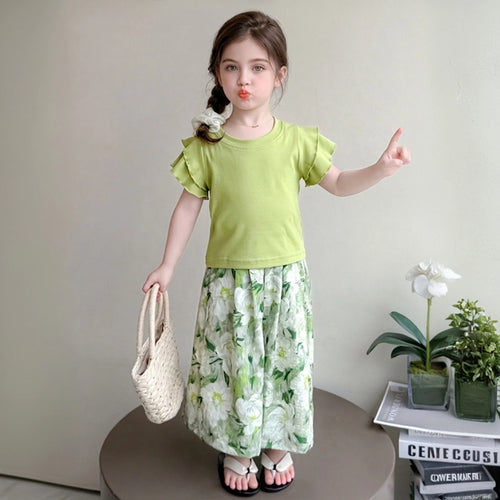 Girls Light Green Ruffled Sleeve Top with White Floral Pants Set Sets Light Green 1-2 Y