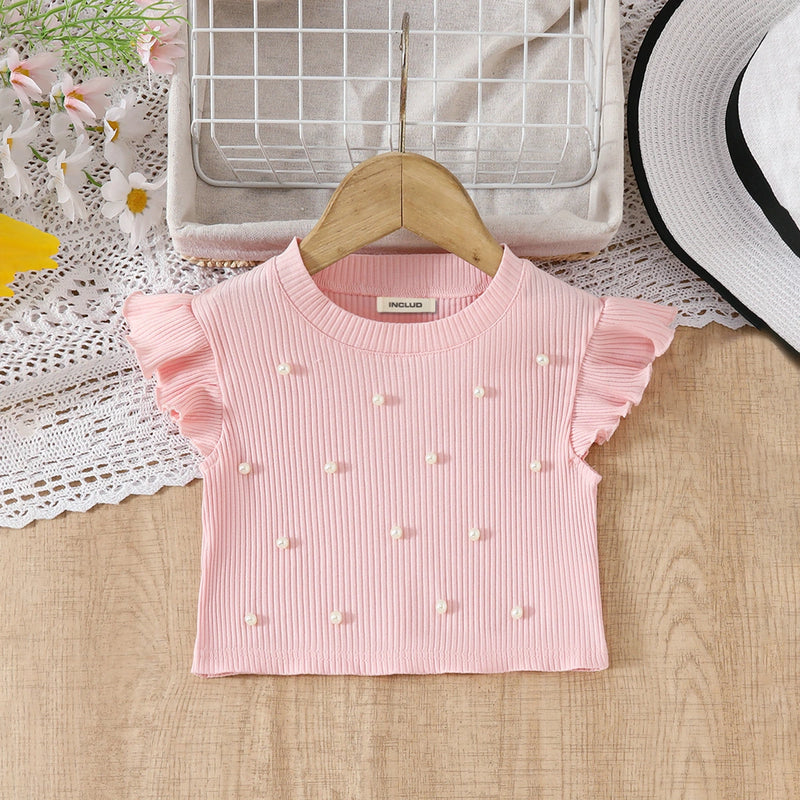 Girls Pink Pearl Embellished Top With Ruffled Tulle Skirts Set Sets