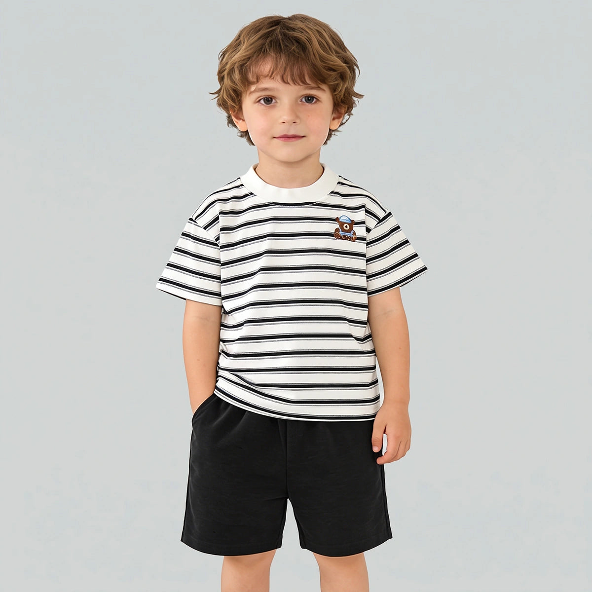 Boys Black Striped Short Sleeve T-Shirt With Shorts Sets 2 pc. Sets