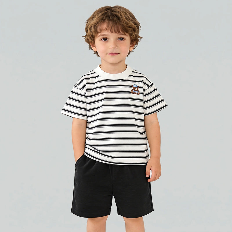 Boys Black Striped Short Sleeve T-Shirt With Shorts Sets 2 pc. Sets