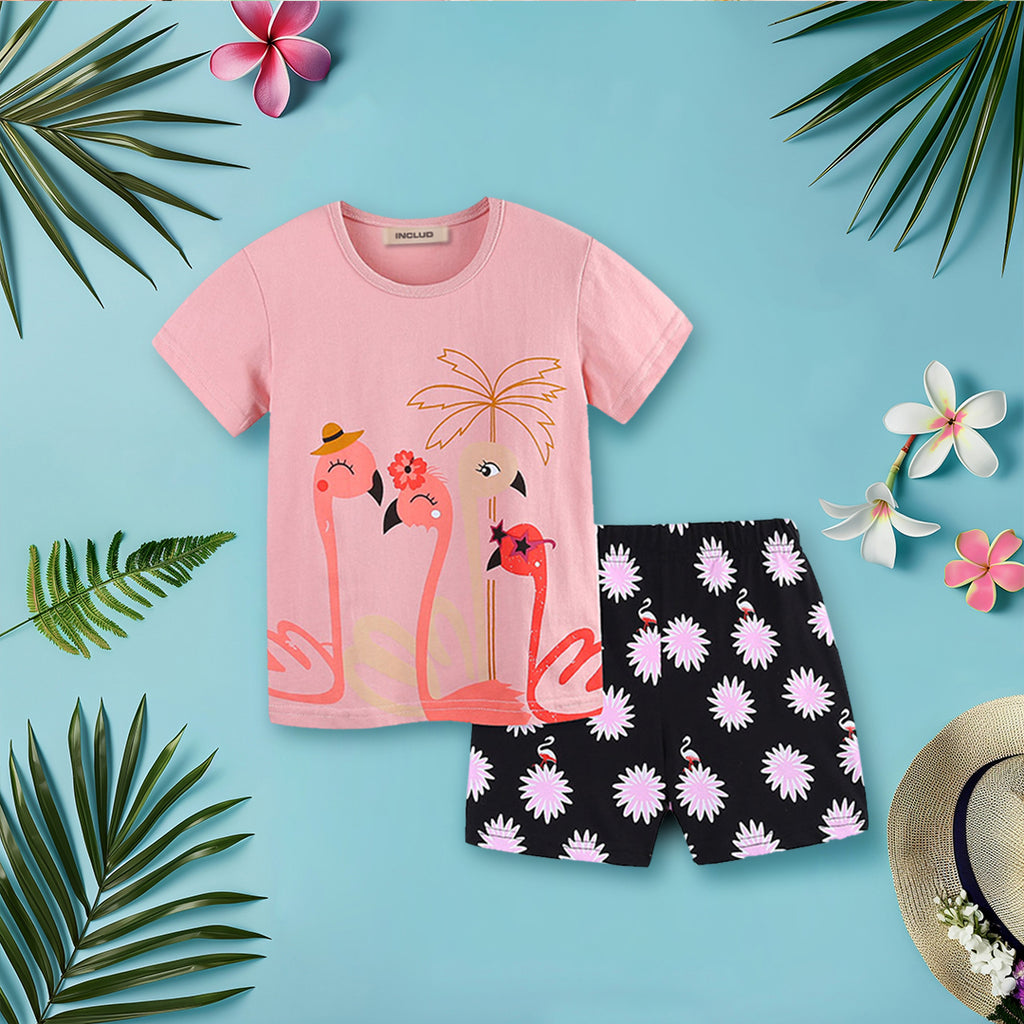 Girls Bird Printed T-Shirt With Floral Print Shorts