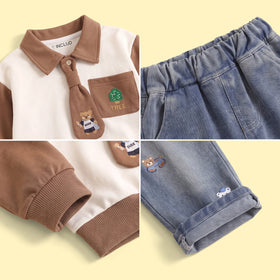 Boys Brown Graphic Polo Sweatshirt With Denim Pants Sets Sets