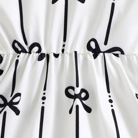 Girls White Bow Printed Long Sleeves Fit & Flare Dress Casual Dresses