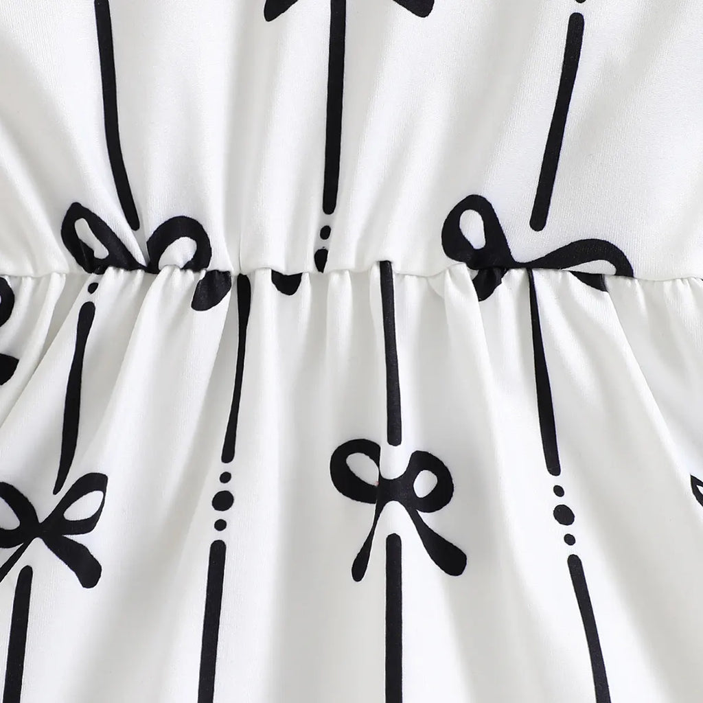 Girls White Bow Printed Long Sleeves Fit & Flare Dress Casual Dresses