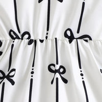 Girls White Bow Printed Long Sleeves Fit & Flare Dress Casual Dresses