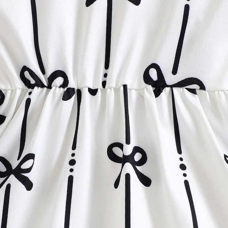 Girls White Bow Printed Long Sleeves Fit & Flare Dress Casual Dresses