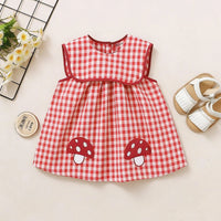 Girls Red Checked Mushroom Embroidered Sleeveless A-Line Dress Casual Dresses Red 1-2 Y