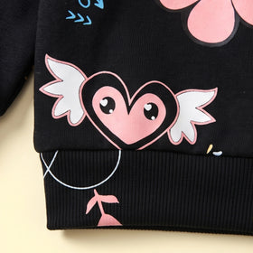 Girls Black Floral Print Long Sleeve Hooded Jacket Coats & Jackets