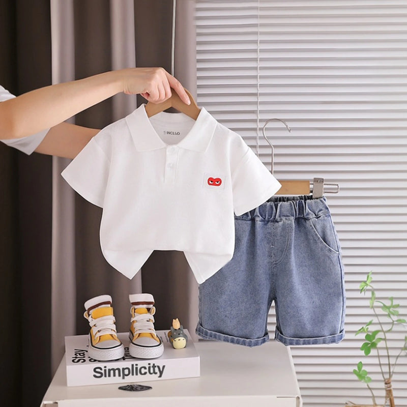 Boys White Short Sleeve Polo T-shirt With Denim Shorts Sets 2 pc. Sets White 1-2 Y