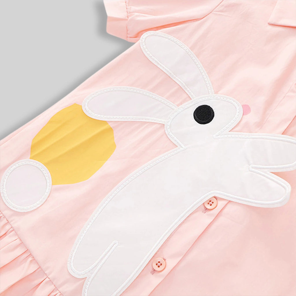 Girls Light Pink Bunny Applique Puff Sleeve Shirt Dress Casual Dresses