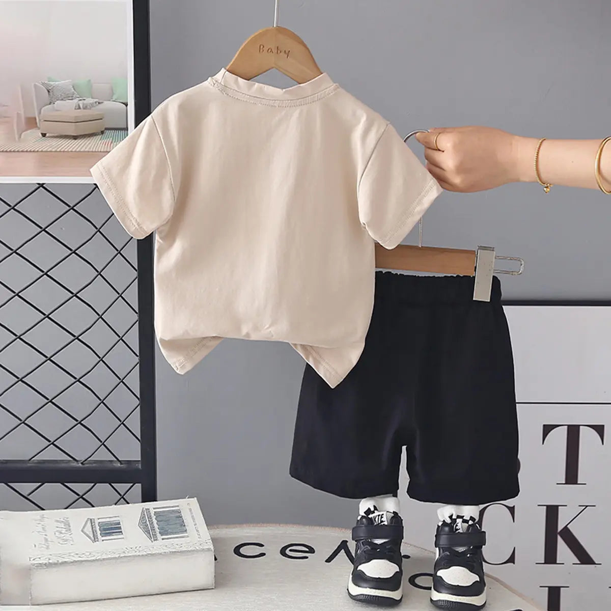 Boys Beige Typographic Printed Short Sleeve T-Shirt With Elasticated Shorts Sets Sets