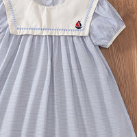 Girls Light Blue Checked Puff Sleeve A-line Dress Casual Dresses