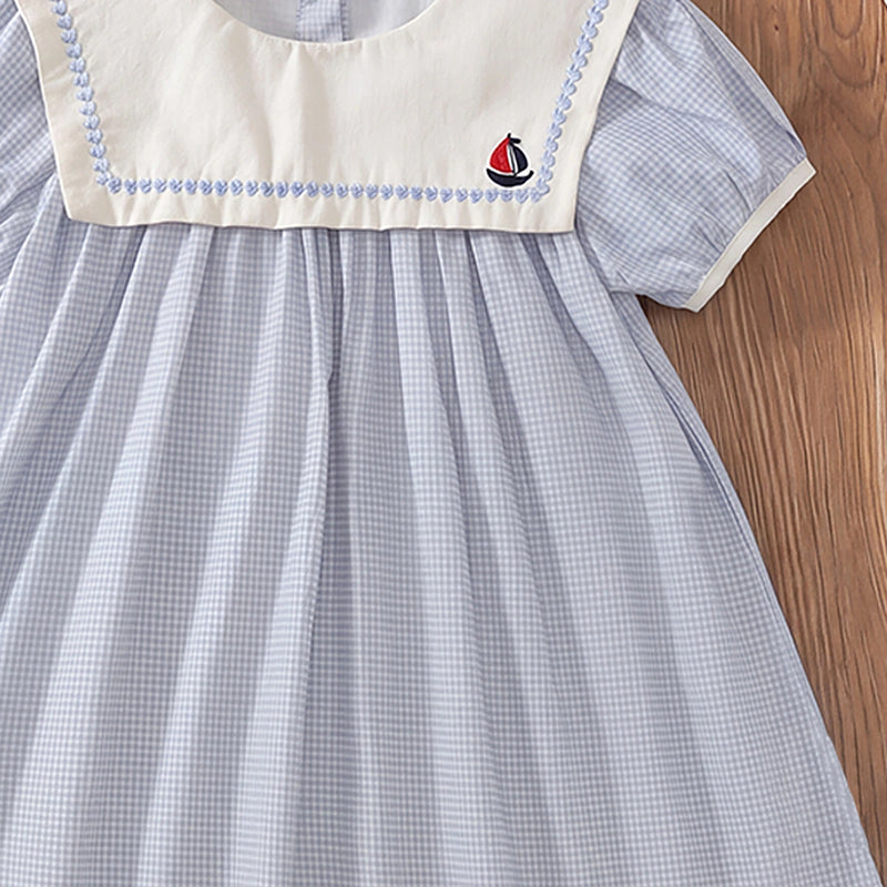 Girls Light Blue Checked Puff Sleeve A-line Dress Casual Dresses