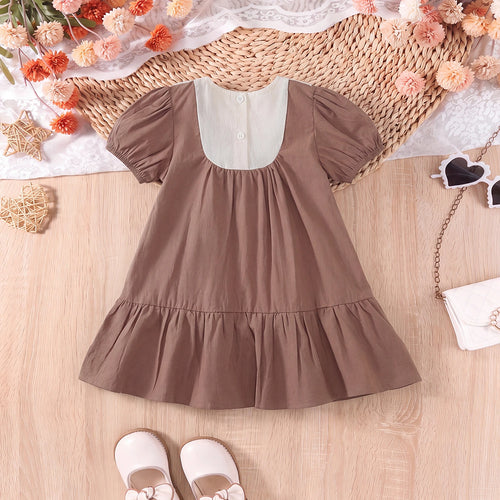 Girls Brown Embroidered Puff Sleeve A-line Dress Casual Dresses