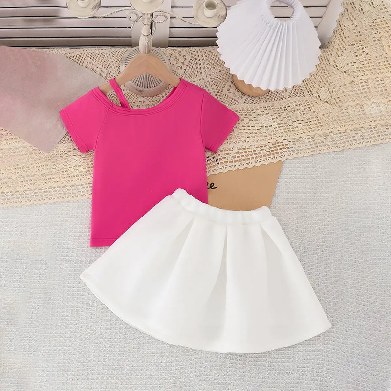 Girls Fuchsia 3D Flower Applique Top With Bow Applique Skirt Sets Sets