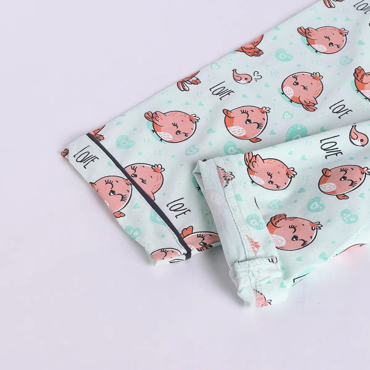 Girls Sea Green Bird Print Short Sleeve Shirt With Elasticated Pants Sets Sets