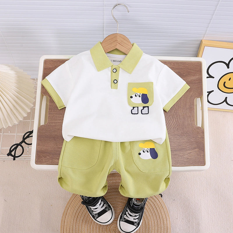 Boys Lime Green Puppy Graphic Printed Polo T-Shirt With Shorts Sets 2 pc. Sets Lime Green 1-2 Y