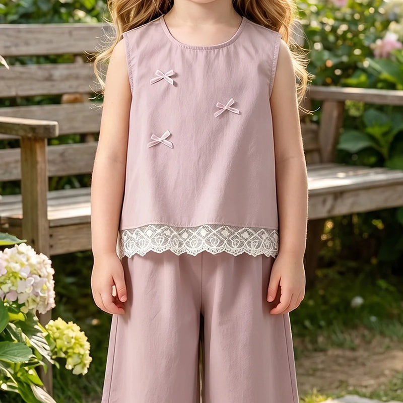 Girls Pink Bow Applique Sleeveless Top With Pants Sets 2 pc. Sets