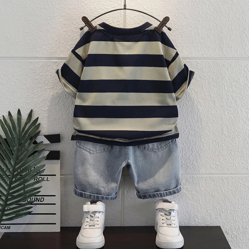 Boys Blue Short Sleeve Striped T-Shirt With Distressed Denim Shorts Sets 2 pc. Sets