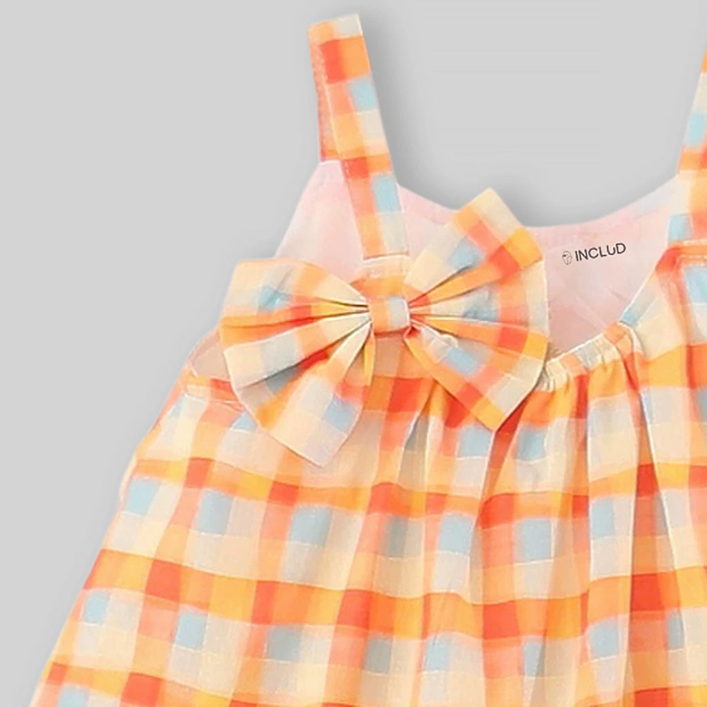 Girls Orange Checked Top With Shorts Sets Sets