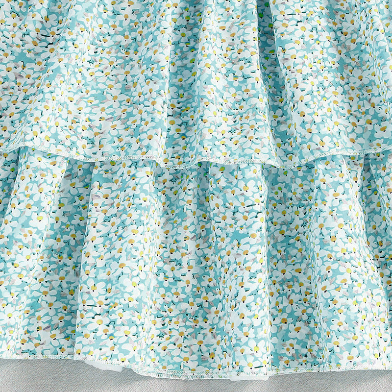 Girls Green Short Sleeve Floral Print Layered Dress Casual Dresses