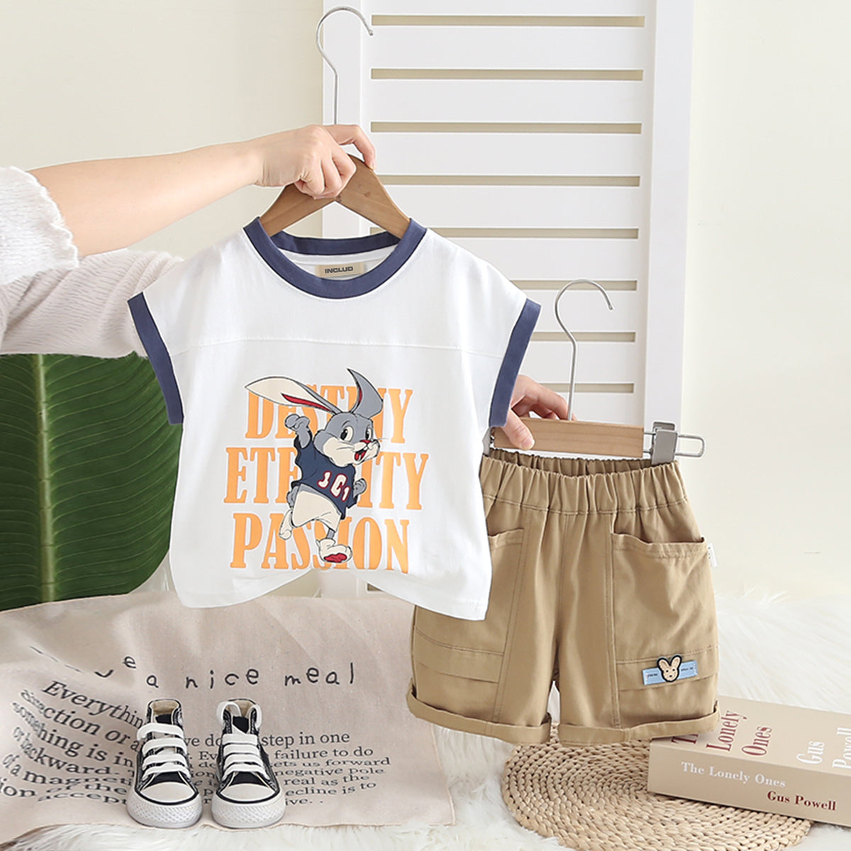 Boys White Graphic Extended Shoulder T-Shirt With Shorts Set 2 pc. Sets