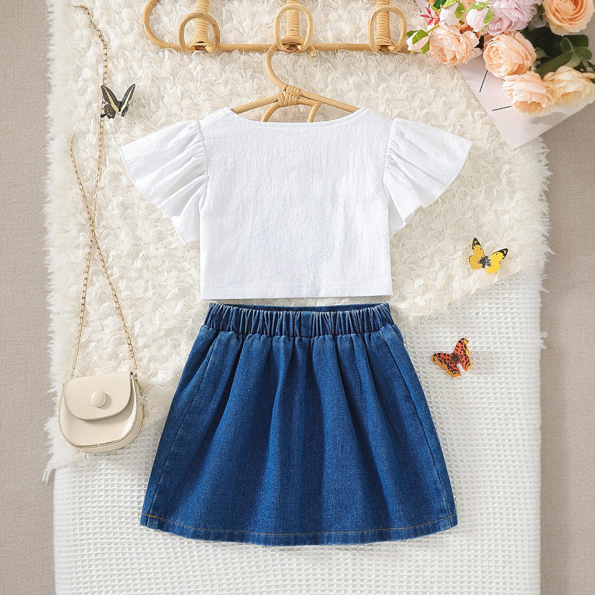 Girls White Short Sleeve Butterfly Print Top With Denim Skirt Set 2 pc. Sets