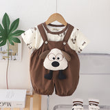 Boys Printed Short Sleeves T-Shirt With Dark Brown Dog Applique Dungaree Set