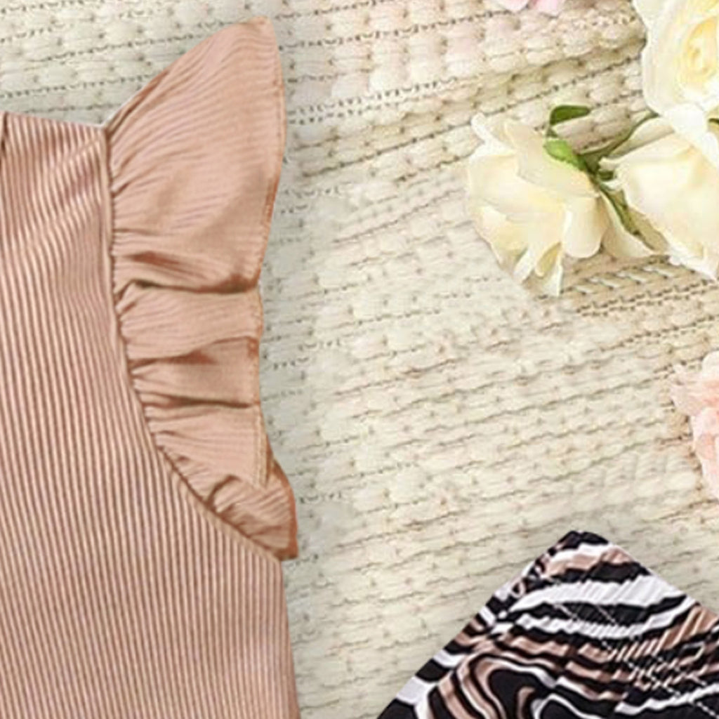 Girls Light Brown Flutter Sleeves Top With Abstract Printed Pants Set 2 pc. Sets