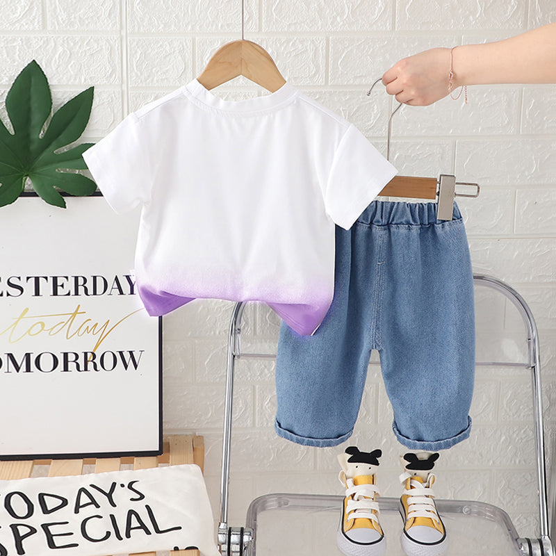 Boys Purple Ombre Dyed Short Sleeves T-Shirt With Denim Pants Set 2 pc. Sets