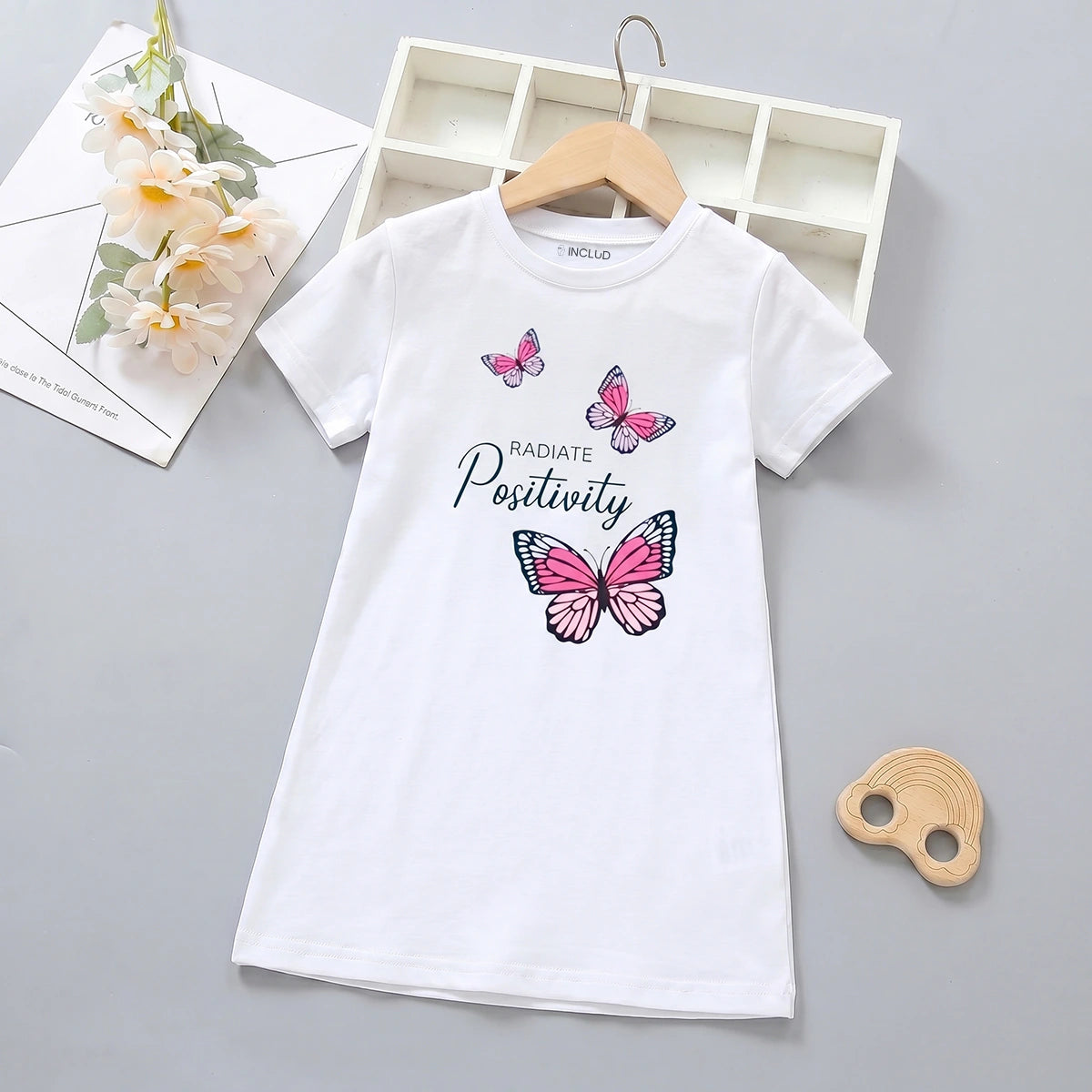 Girls Off White Butterfly Print Short Sleeve T-Shirt Dress Casual Dresses Off White 4-5 Y