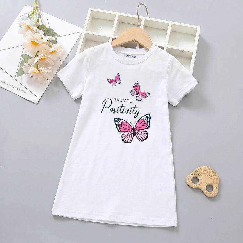 Girls Off White Butterfly Print Short Sleeve T-Shirt Dress Casual Dresses Off White 4-5 Y