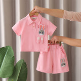 Girls Pink Bunny Appliqued Short Sleeves Polo T-Shirt With Shorts Set