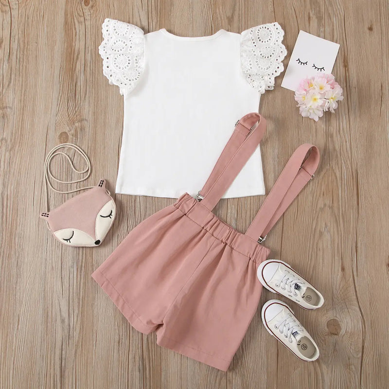 Girls Schiffli Flutter Sleeves Top With Peach Suspenders Skorts Sets Sets