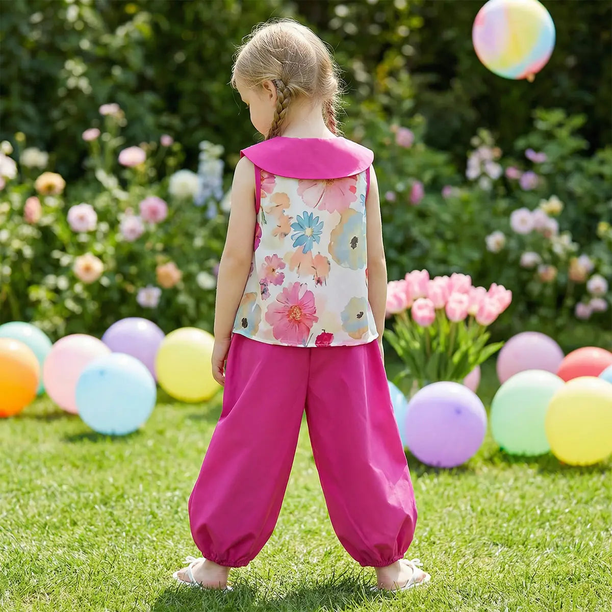 Girls Pink Floral Print Sleeveless Top With Elasticated Hem Pants Set Sets
