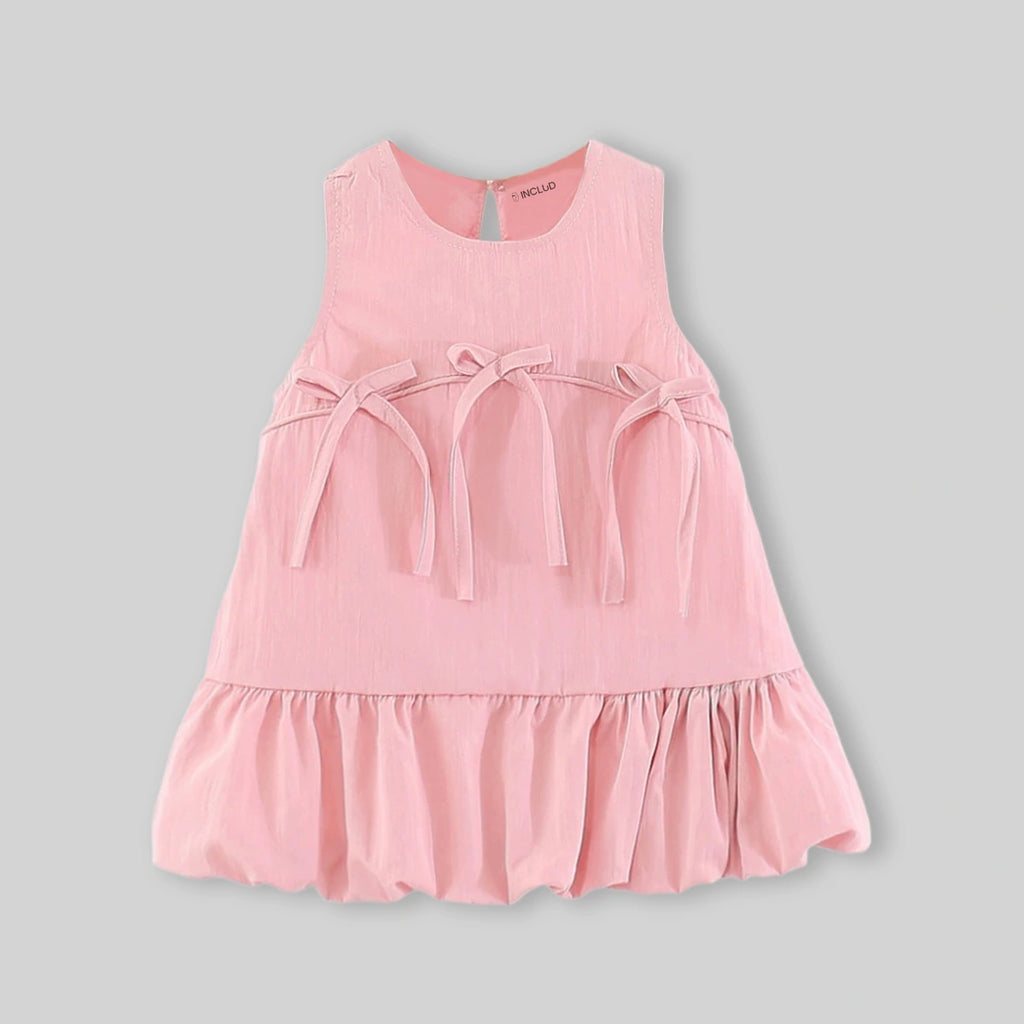 Girls Pink Sleeveless Ruffle Hem A-Line Dress With Bow Details Casual Dresses
