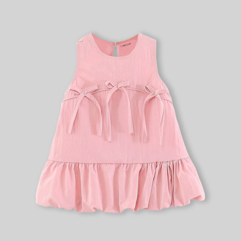 Girls Pink Sleeveless Ruffle Hem A-Line Dress With Bow Details Casual Dresses