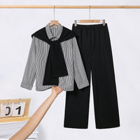 Girls Black Striped Shirt with Scarf and Straight Fit Pants Sets Sets Black 12-13 Y