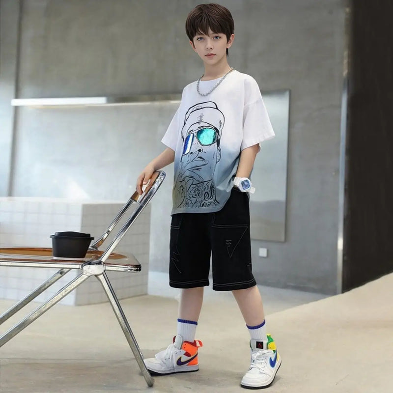Boys White Graphics Short Sleeves T-Shirt With Shorts Set Sets