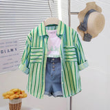 Girls Light Green Stripe Shirt With Printed T-Shirt And Denim Shorts Sets