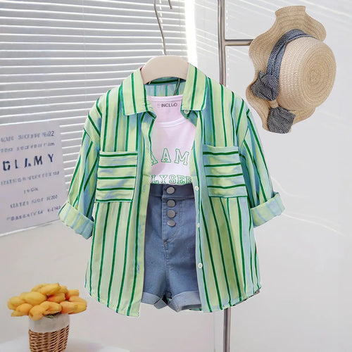 Girls Light Green Stripe Shirt With Printed T-Shirt And Denim Shorts Sets 3 pc. Sets Light Green 2-3 Y